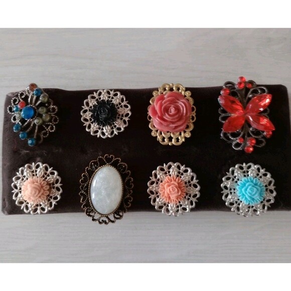 Lot Of 6 Women's Adjustable Costume Jewelry With Ring Holder Boho Butterfly Oval - Picture 1 of 5